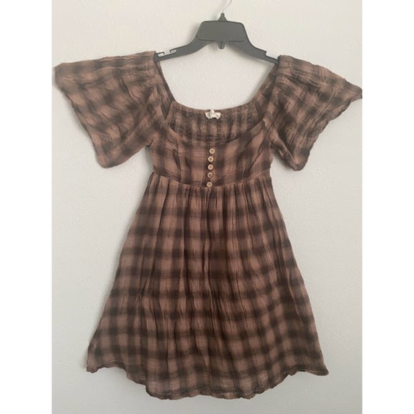 By Together Brown Plaid Short Sleeve Prairie Mini Dress S - Picture 6 of 9